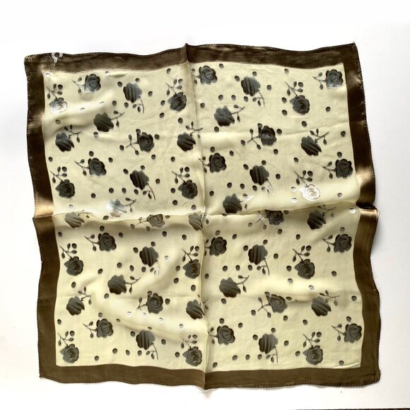 Vintage Floral Silk Scarf 20” Square Brown Beige Sheer Satin Border Retro Access - Picture 2 of 4